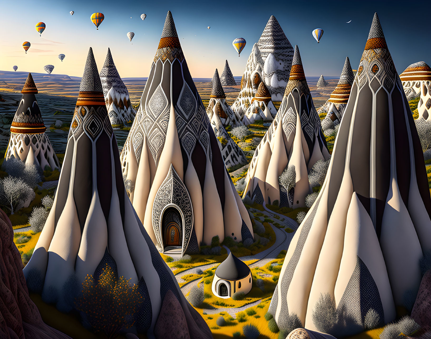 Fantastical landscape with tower-like rock formations and hot air balloons at sunset