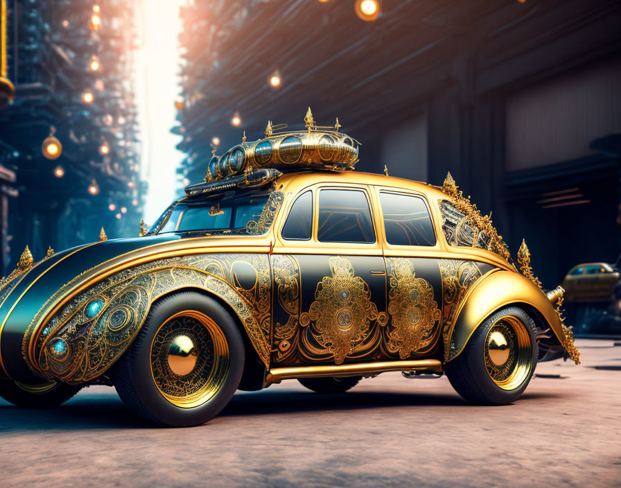 Stylized golden vintage car in futuristic garage