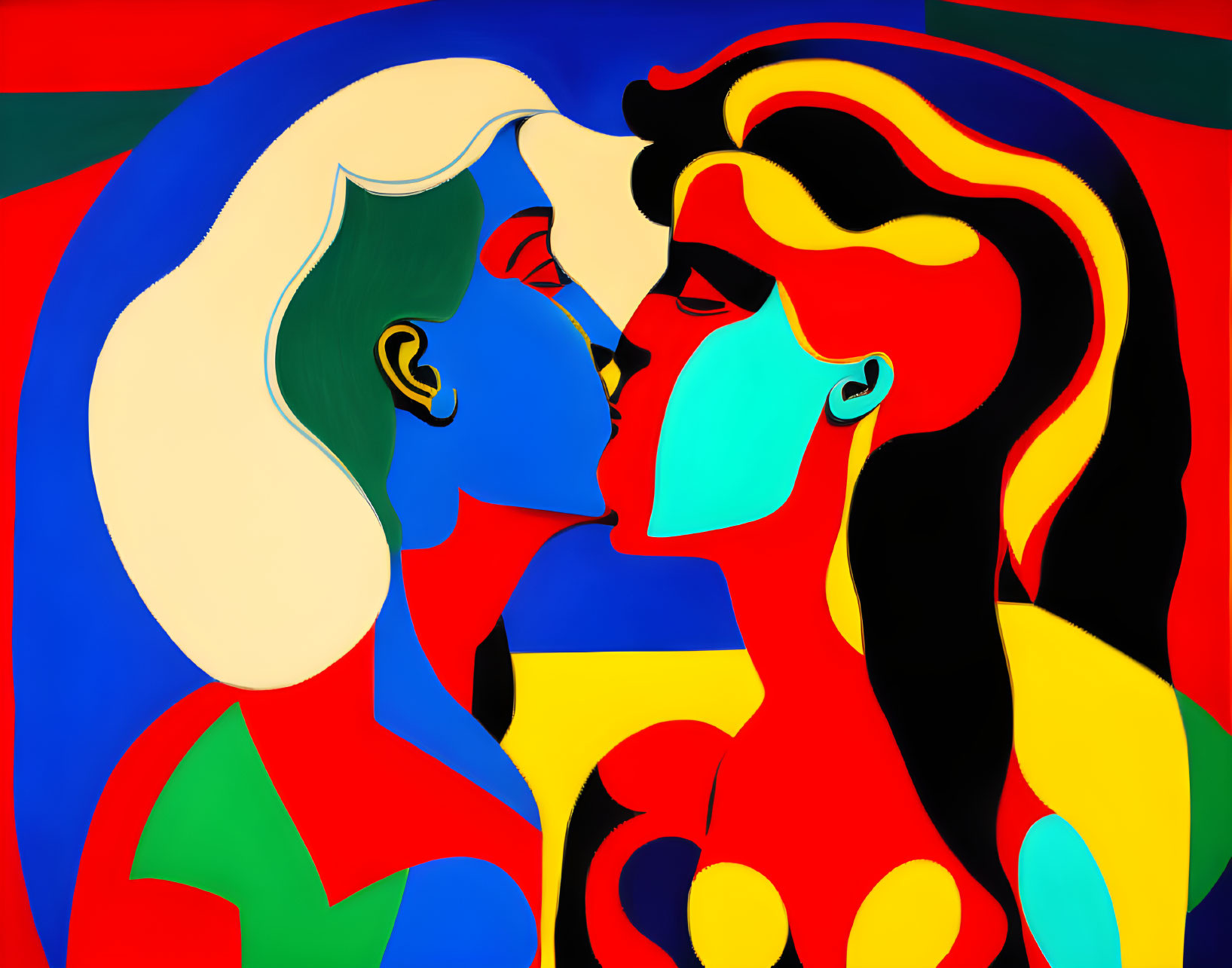 Abstract profile faces in bold colors about to kiss on vibrant background