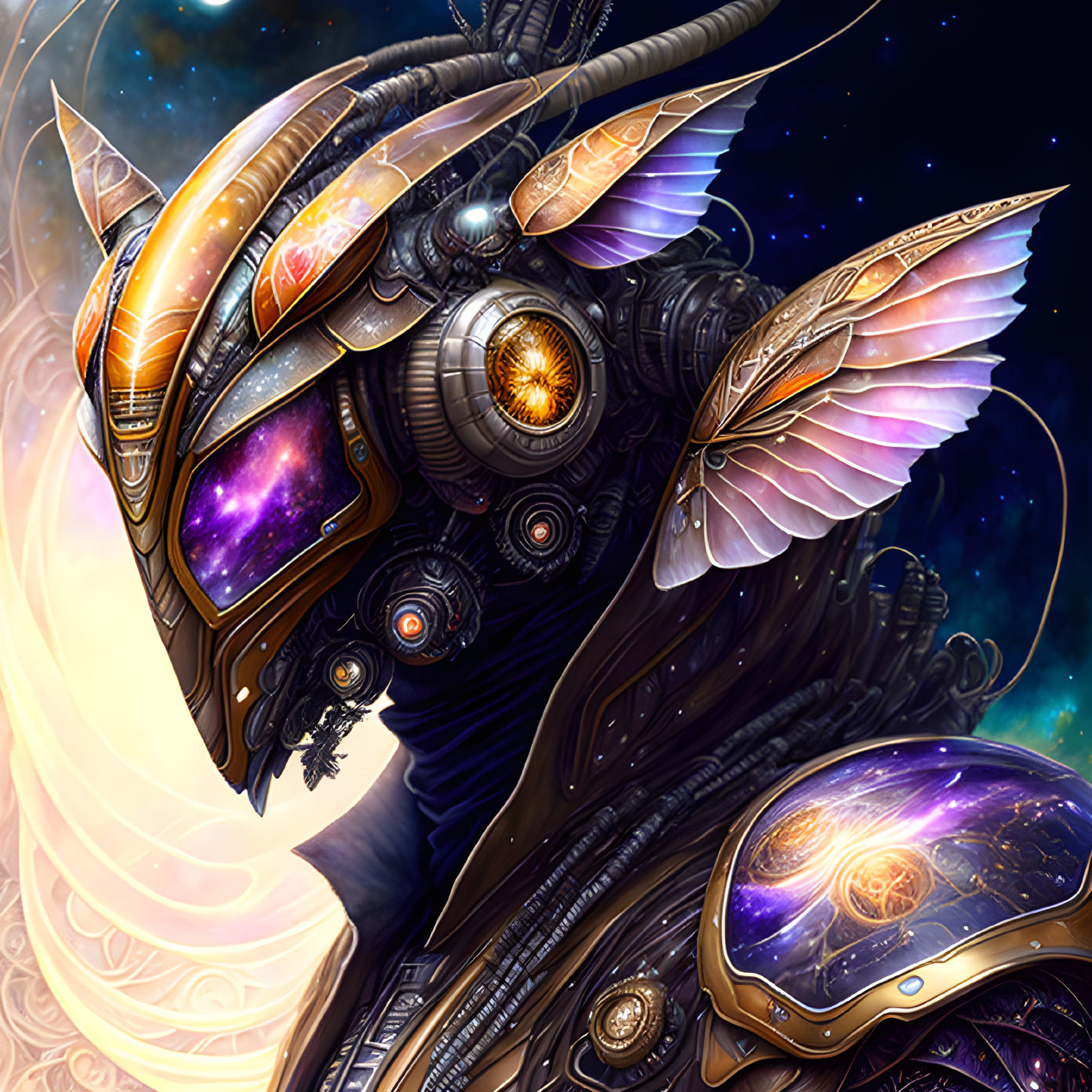 Steampunk-style robot in golden armor with butterfly wings in cosmic setting