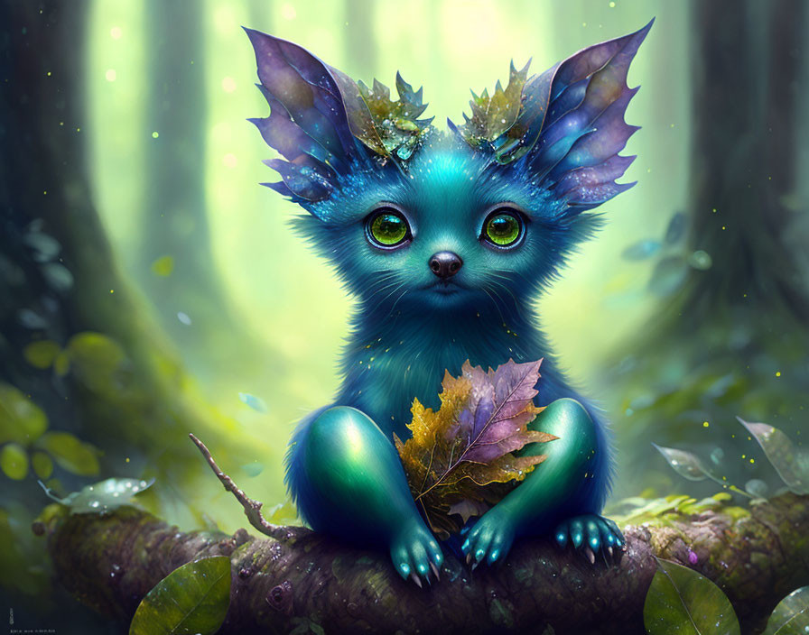 Blue creature with leaf-adorned ears perched in lush forest setting