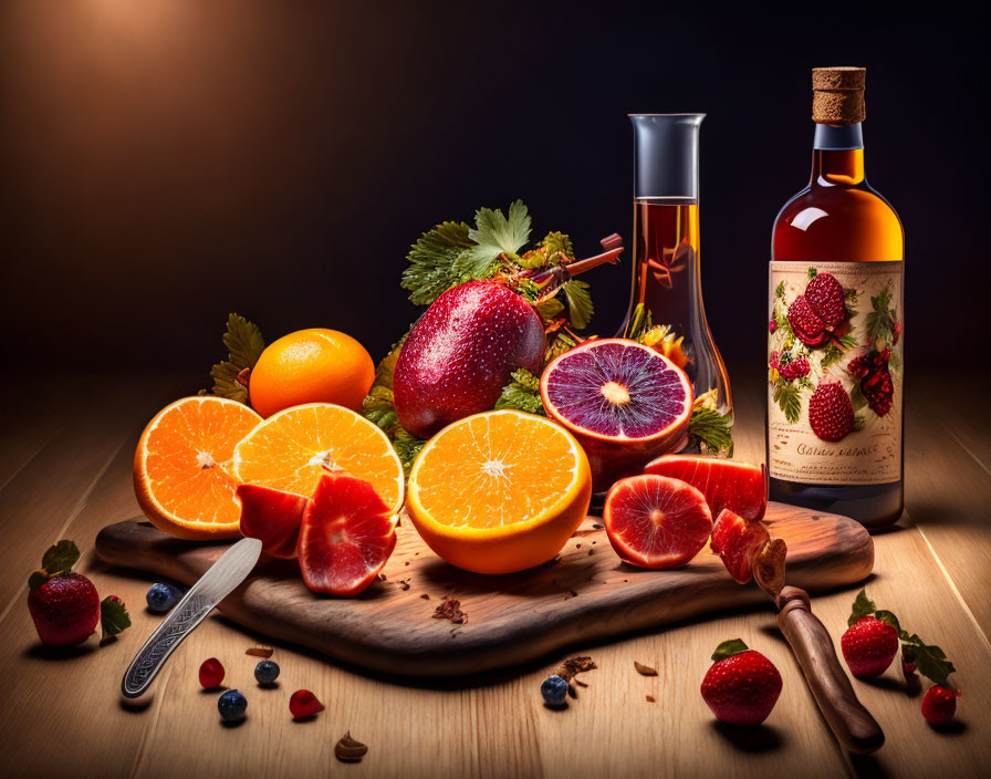 Still Life Composition: Oranges, Pear, Raspberries, Liquor Bottle on Wooden Board