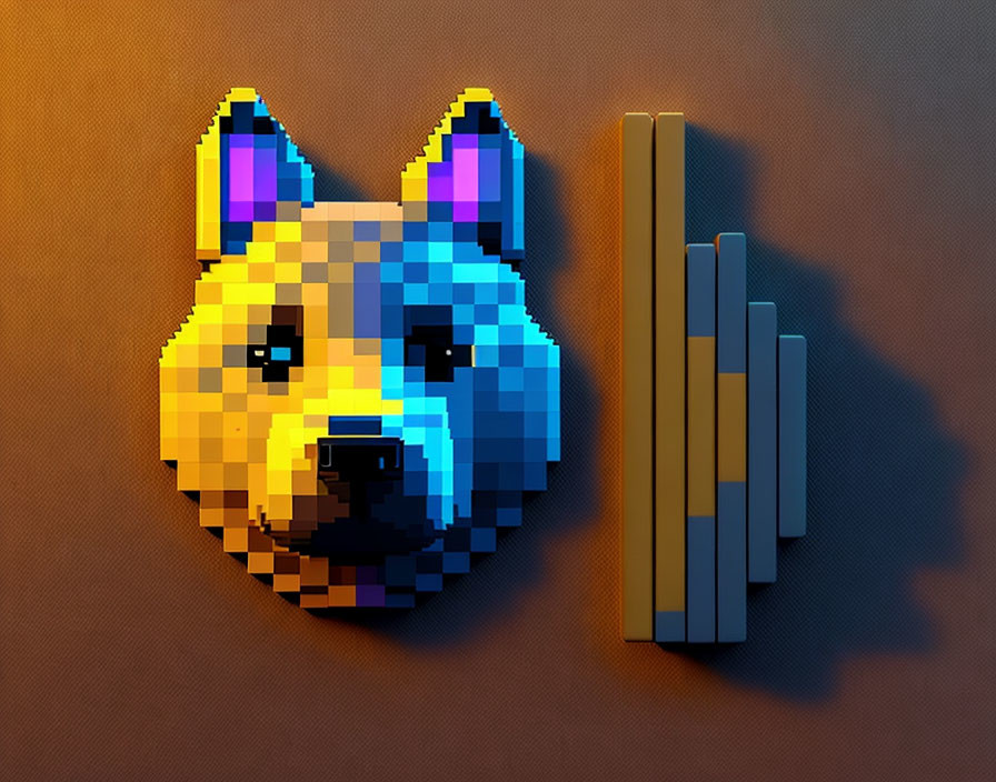 Pixelated blue and yellow dog face art on brown background with 3D effect bars