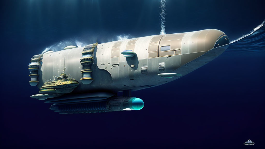 Futuristic submarine with external propulsion engines and advanced equipment in deep ocean.