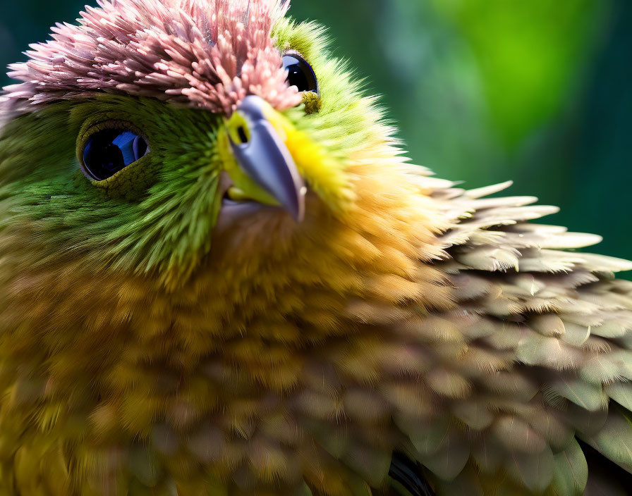 Colorful Bird with Green Feathers and Pink Crest on Blurred Background