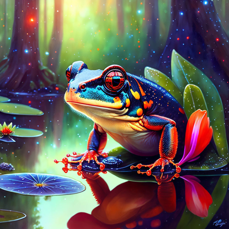 Mechanical frog illustration in colorful, mystical forest