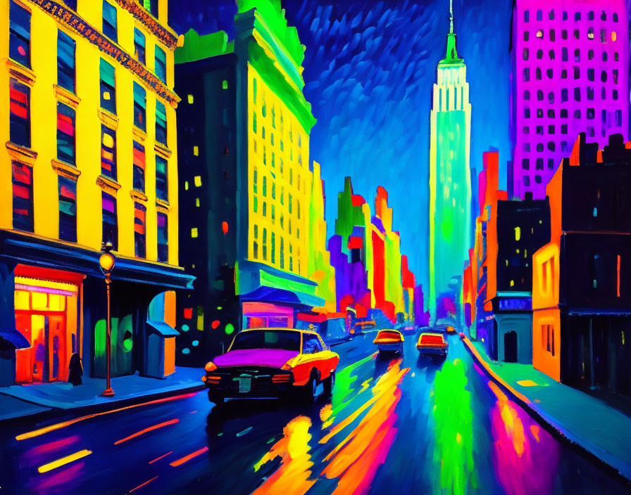 Colorful painting: City street at night with neon lights, cars, skyscrapers