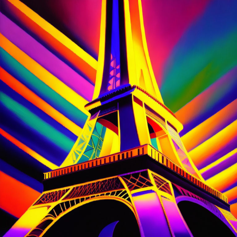 Vivid Psychedelic Eiffel Tower with Neon Rainbow Rays on Dark Background