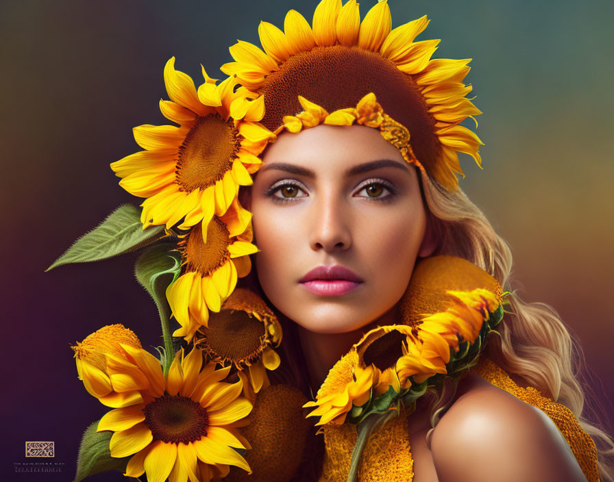 Woman with Sunflower Petals in Hair Surrounded by Vibrant Sunflowers