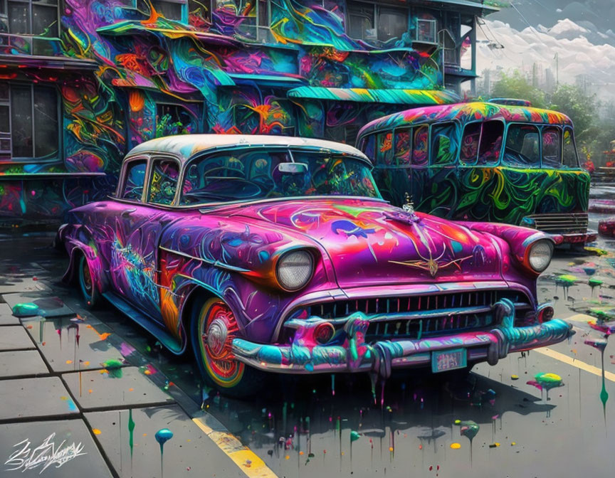 Colorful classic car and bus in vibrant urban setting with graffiti, creating psychedelic atmosphere.