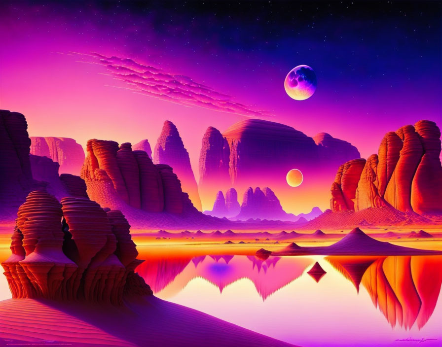 Alien landscape digital artwork with rock formations, water body, moons, stars, and comet in purple