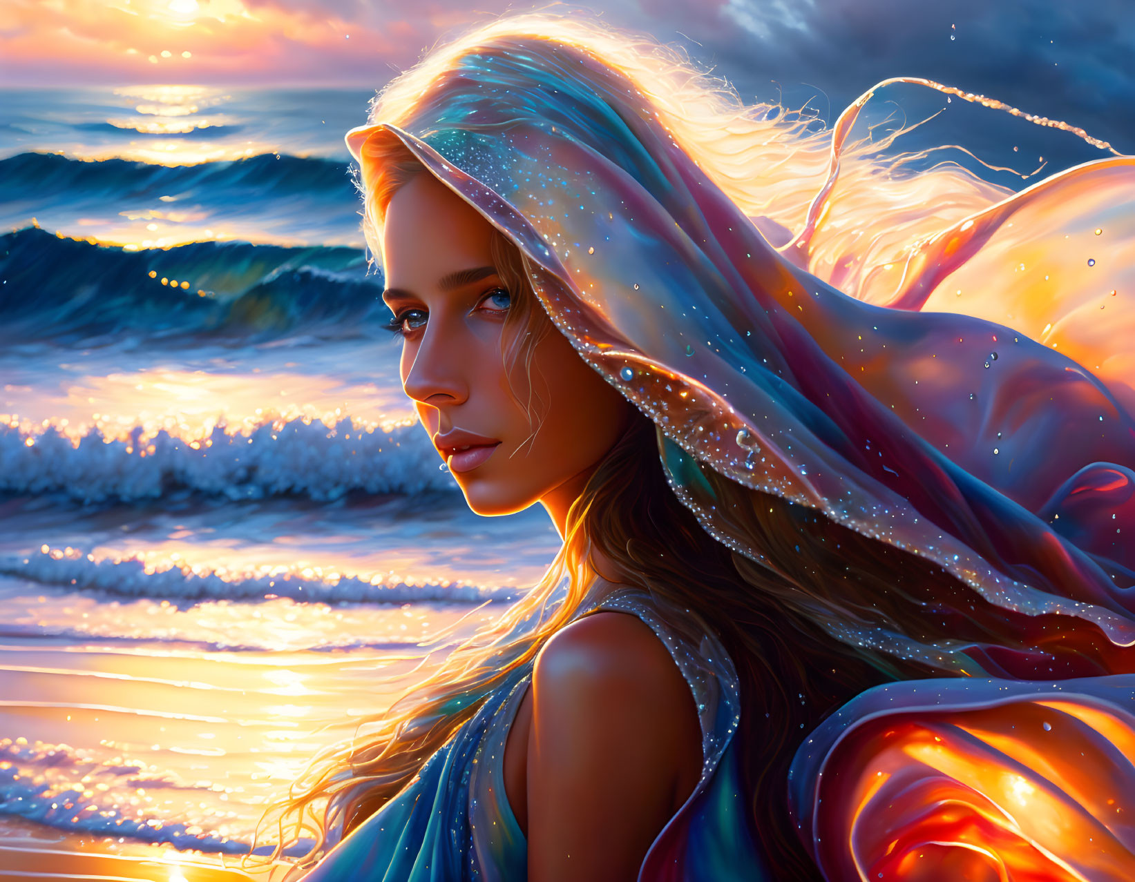 Digital artwork: Woman with flowing hair in front of beach sunset