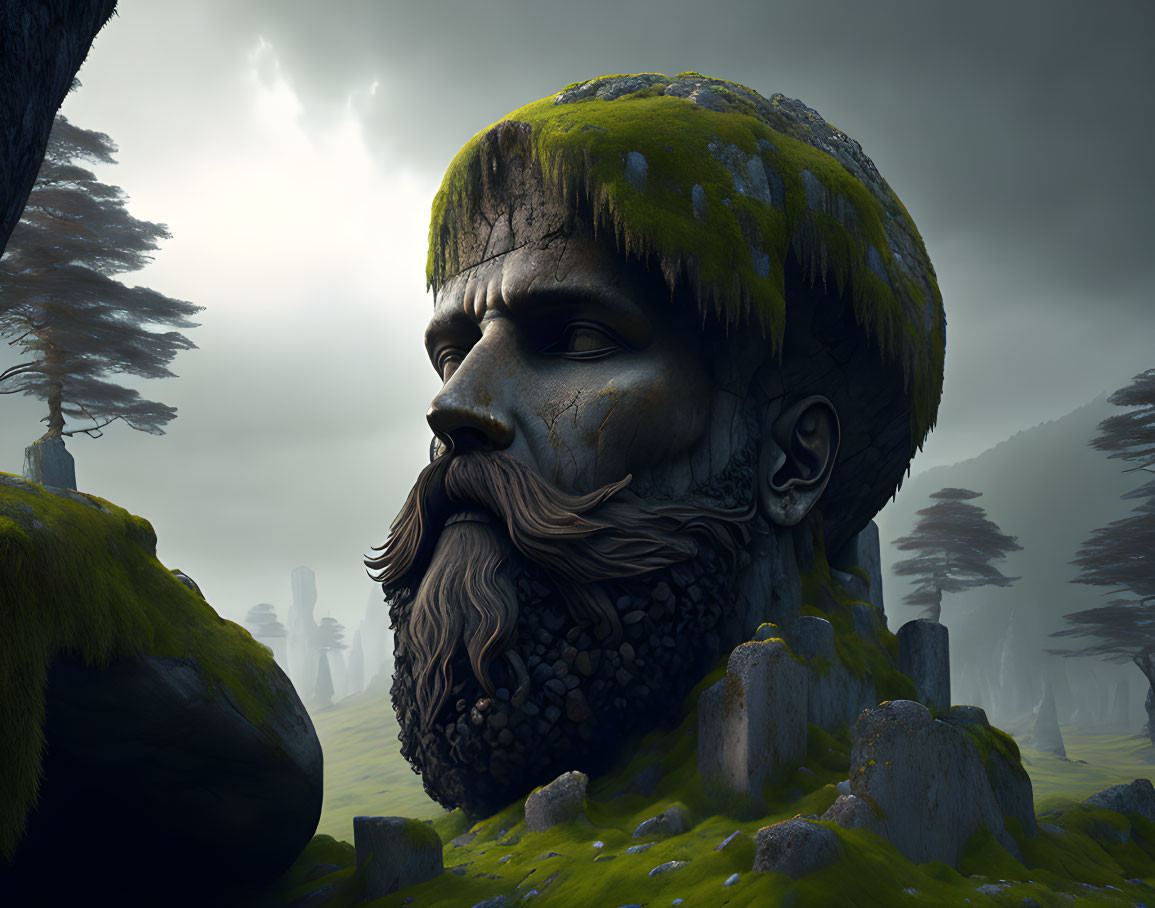 Giant moss-covered stone head with bearded face in foggy forest