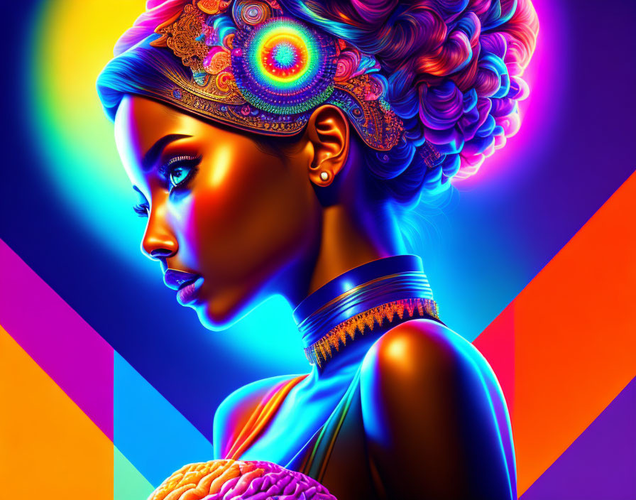 Colorful digital art featuring woman with intricate headdress