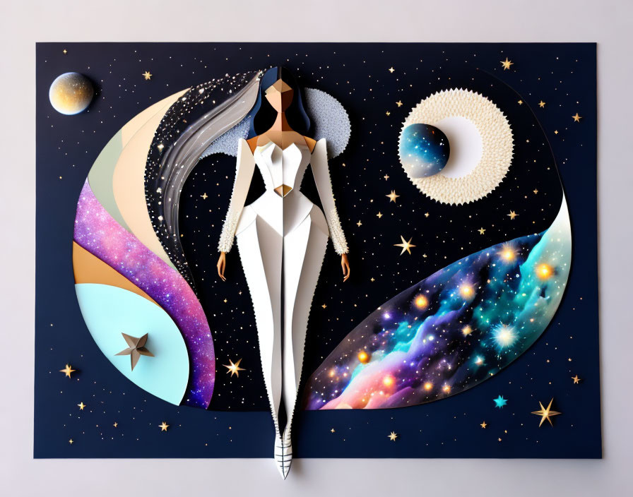 Female figure with cosmic hair surrounded by stars and planets on dark blue background