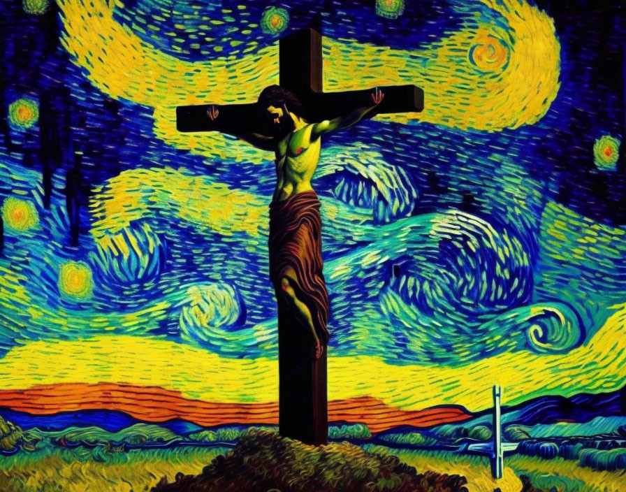 Blend of Starry Night & Crucifixion: Swirling Skies & Bold Colors