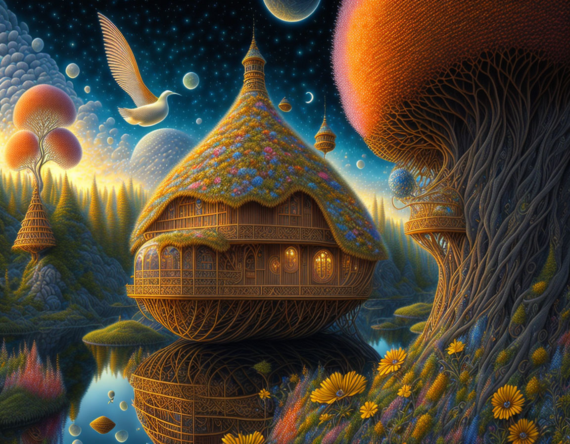 Whimsical treehouse in fantasy landscape with illuminated windows and floating moons.