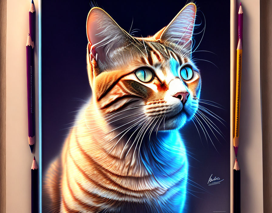 Colorful digital cat art with blue eyes and pencil borders