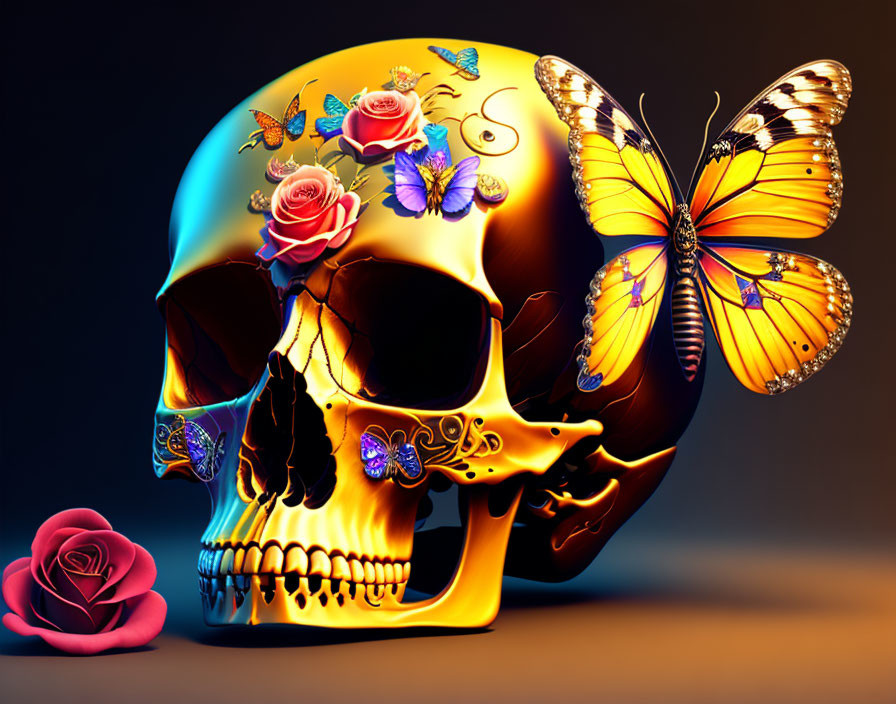 Colorful Skull Artwork with Gold Filigree, Roses, and Butterflies