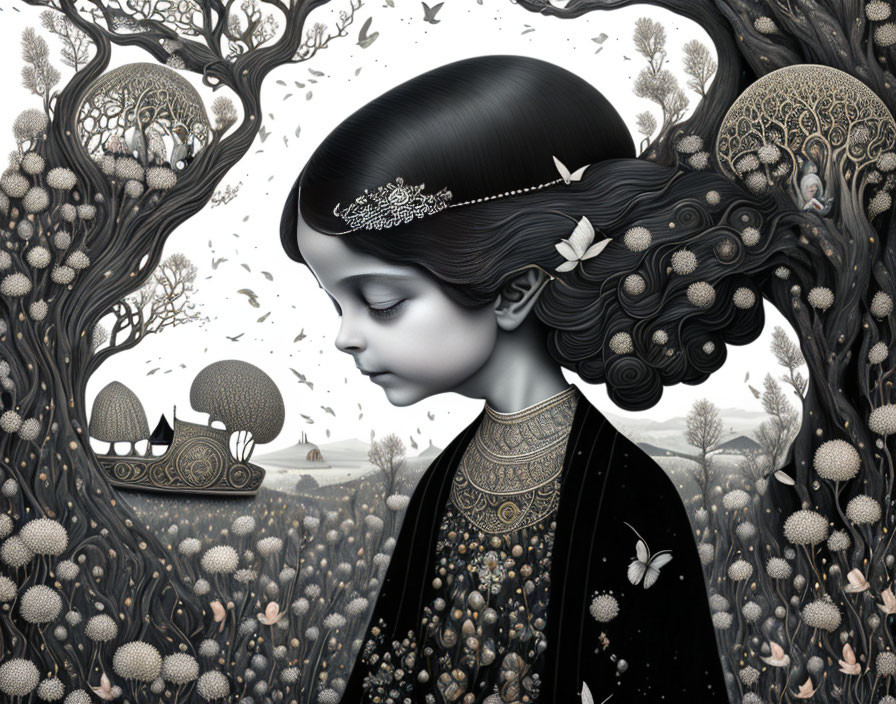 Detailed Monochrome Illustration of Girl in Ornate Attire Surrounded by Fantasy Trees