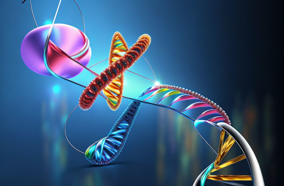 Colorful 3D DNA Strands on Abstract Background with Orbs and Reflective Surfaces