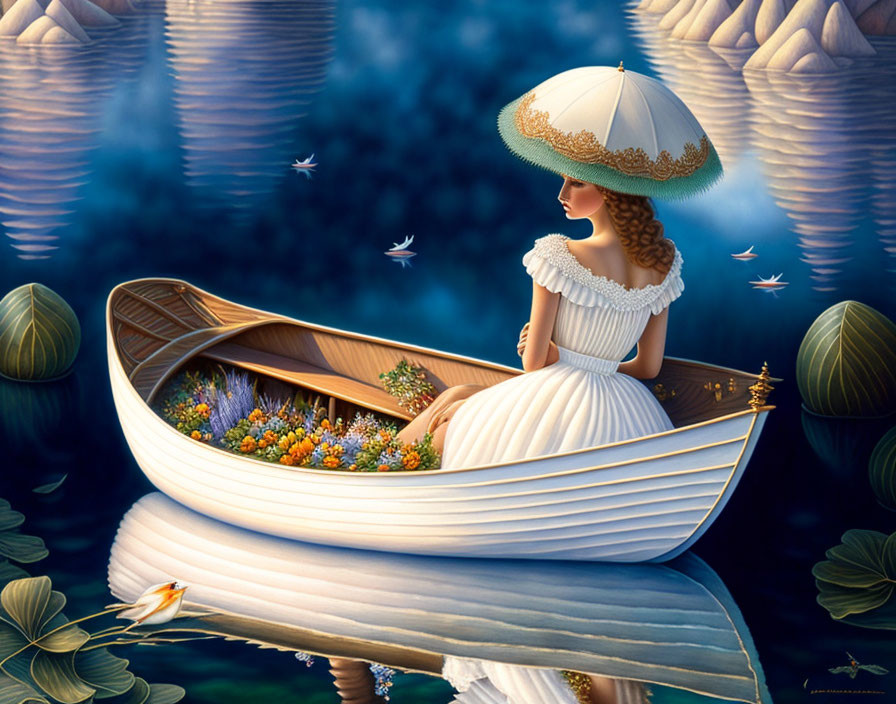 Vintage woman in white dress and hat in flower-filled boat on serene blue water with lilies and reflecting