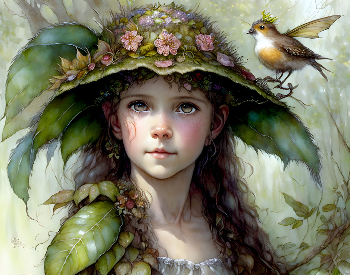 Young girl with leaf and flower hat and bird in nature setting.