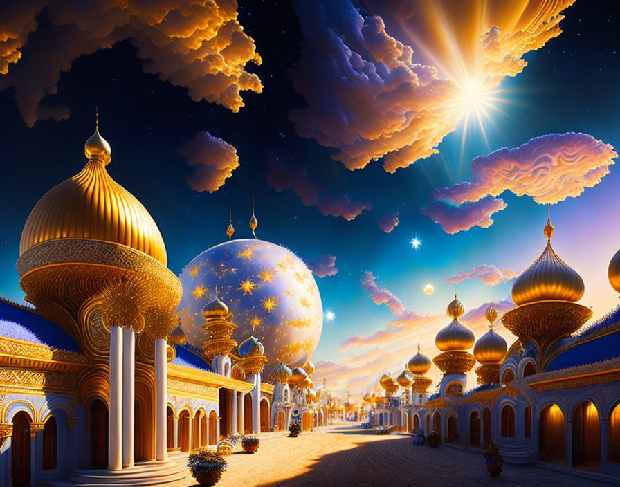 Golden domed fantasy cityscape under starry sky and radiant sun