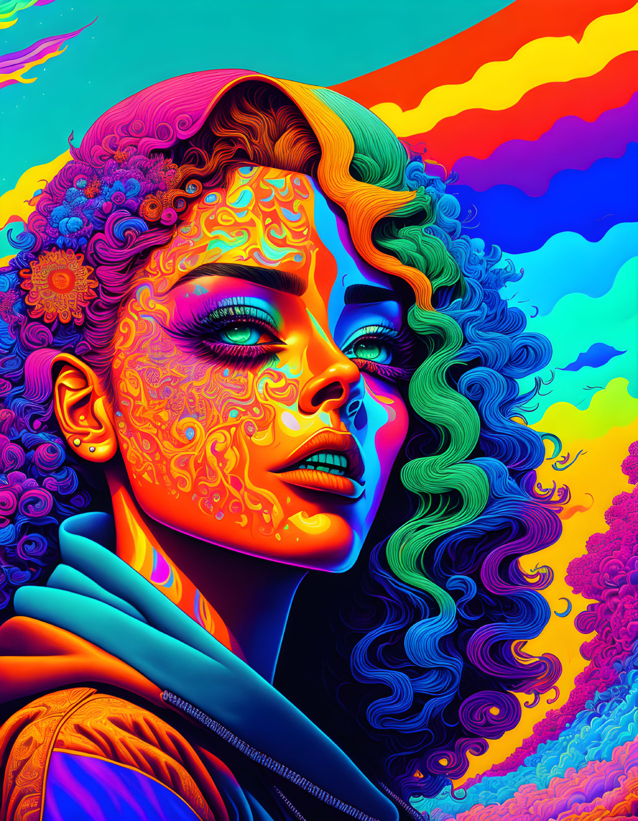 Colorful portrait of woman with curly hair and psychedelic patterns on face.