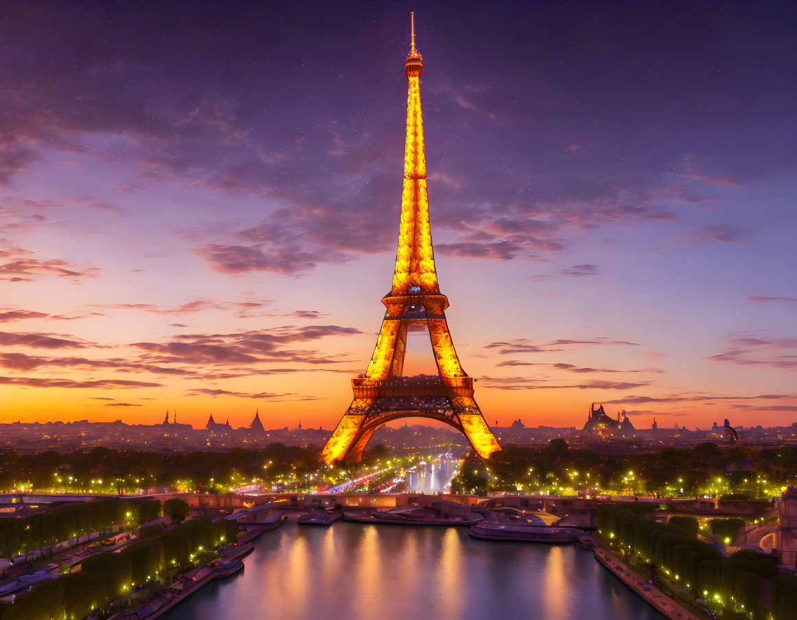 Iconic Eiffel Tower at twilight with vibrant sunset sky and Seine River