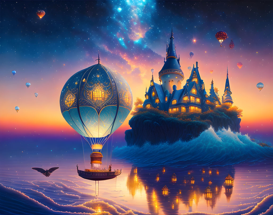 Fantastical hot air balloon scene with floating castle and whale under starry sky