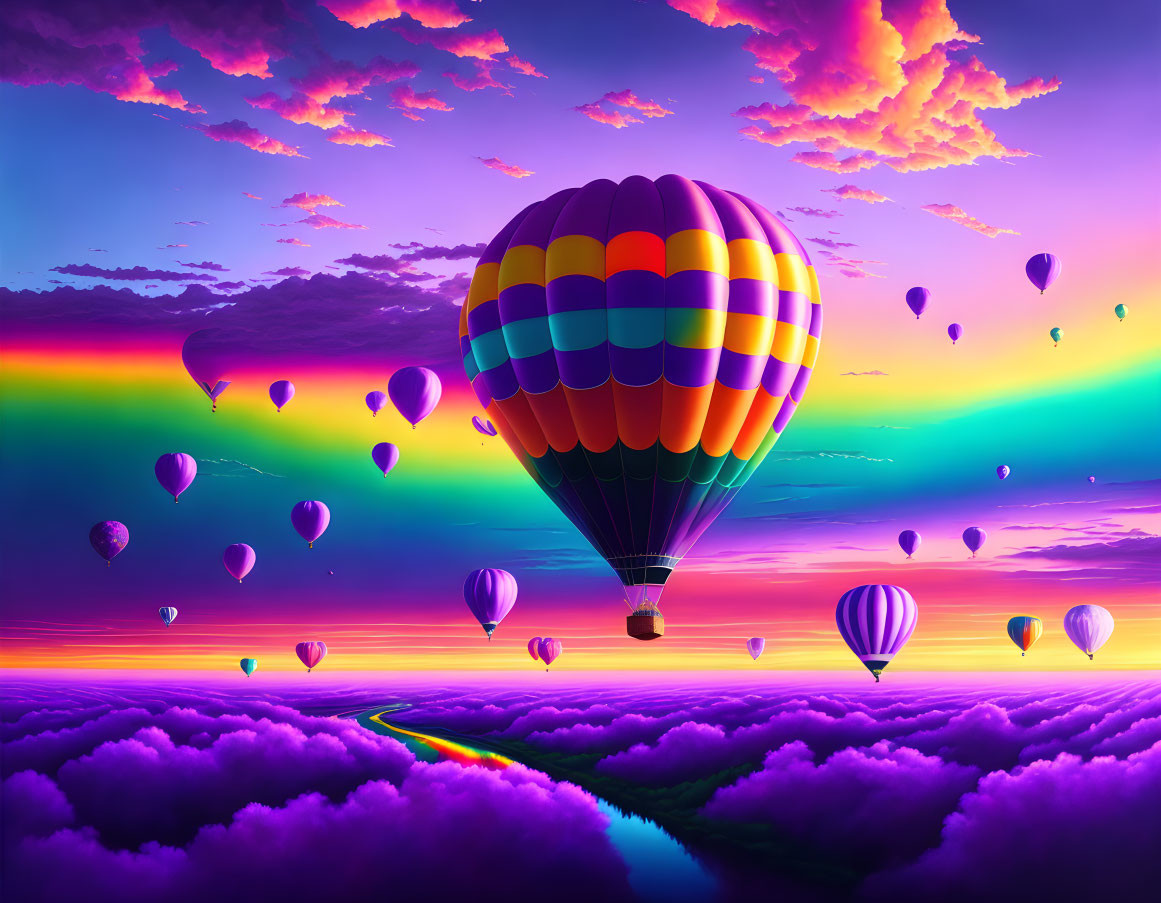 Vivid landscape with colorful hot air balloons and sunset sky