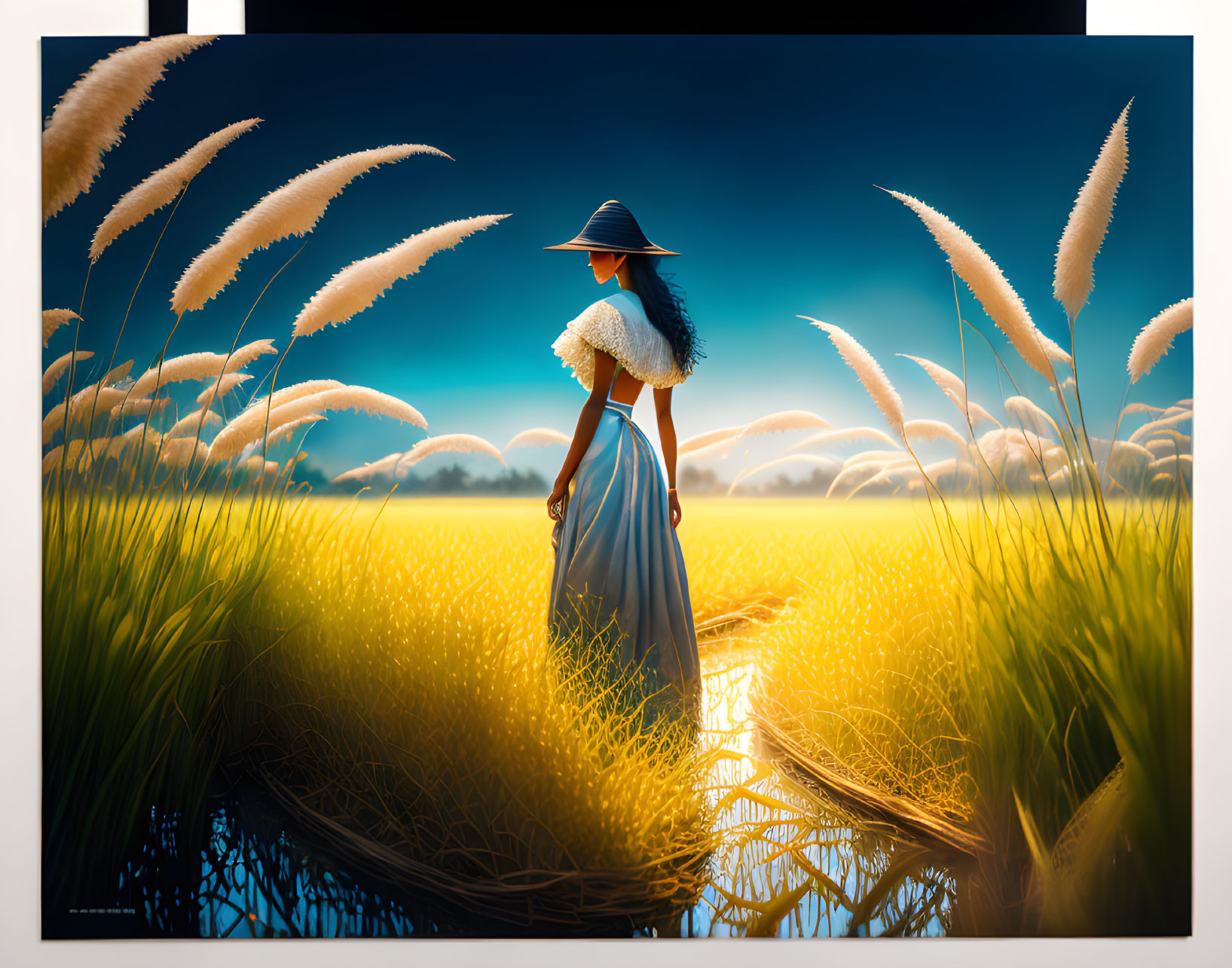 Woman in Dress and Hat Standing in Sunlit Grasses