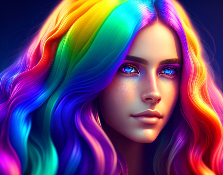 Multicolored hair woman with blue eyes on dark background