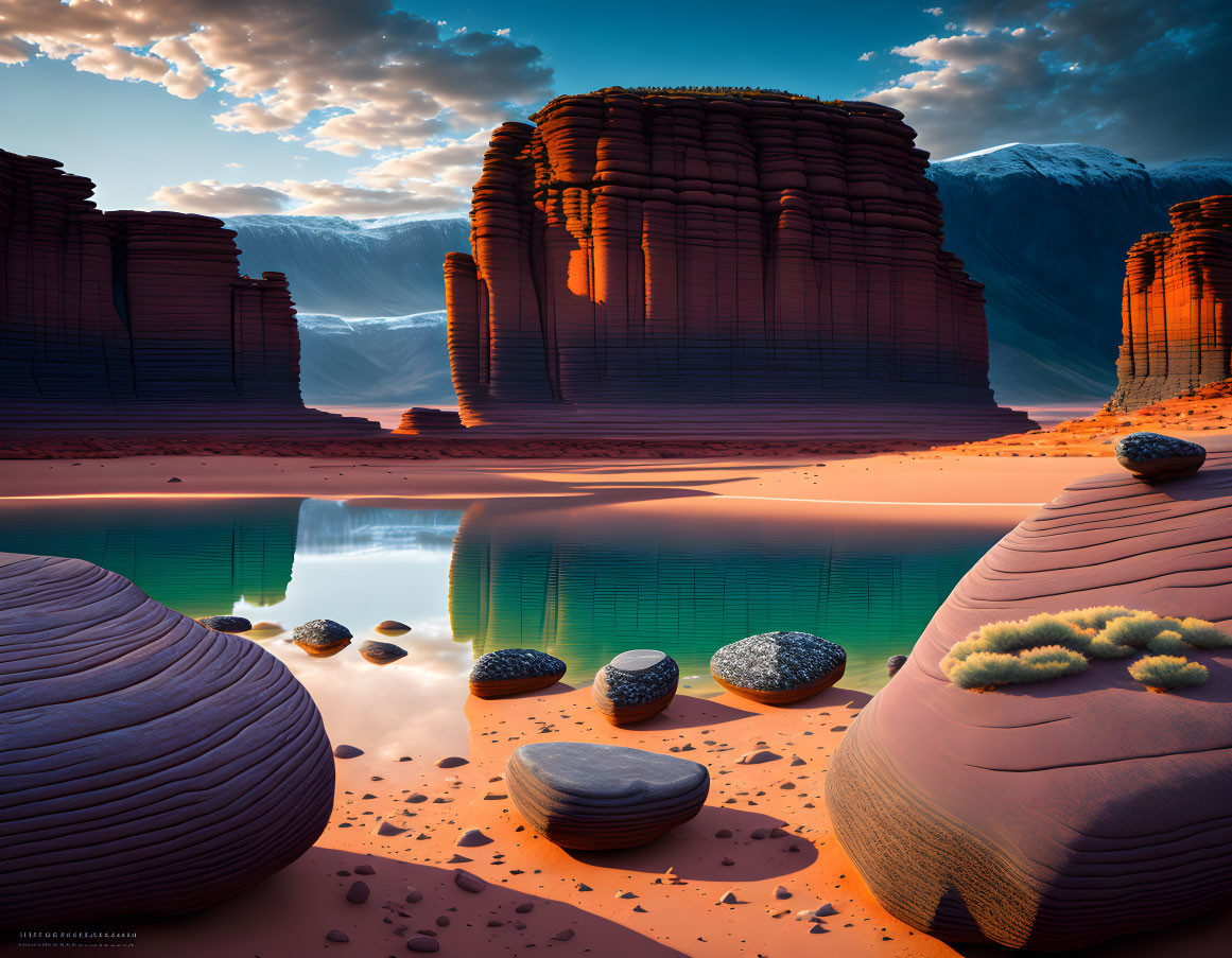 Majestic rock formations by a turquoise lake under a dramatic sky