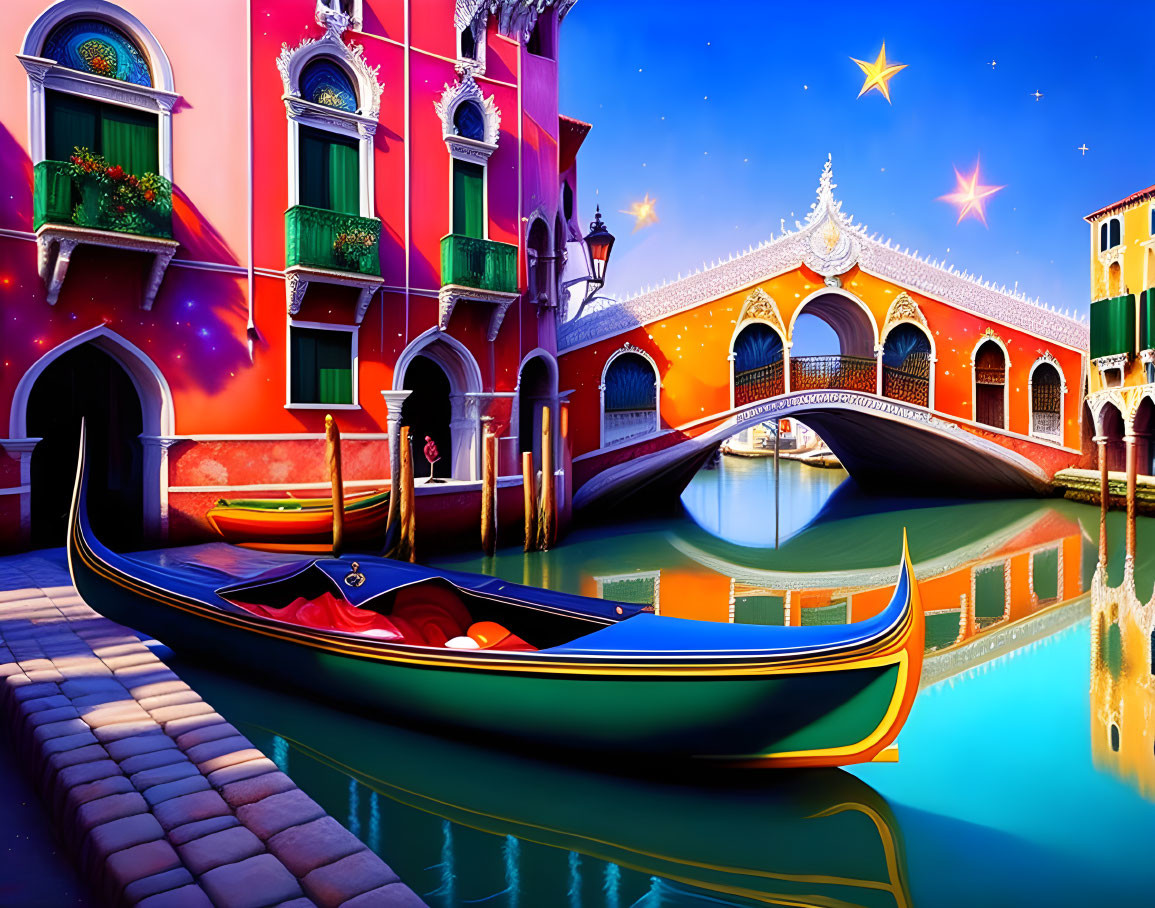 Colorful Venetian canal illustration with gondola and ornate bridge