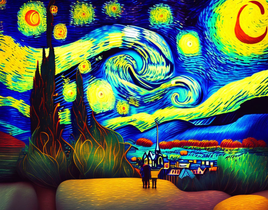 Colorful swirling starry night painting in Van Gogh style