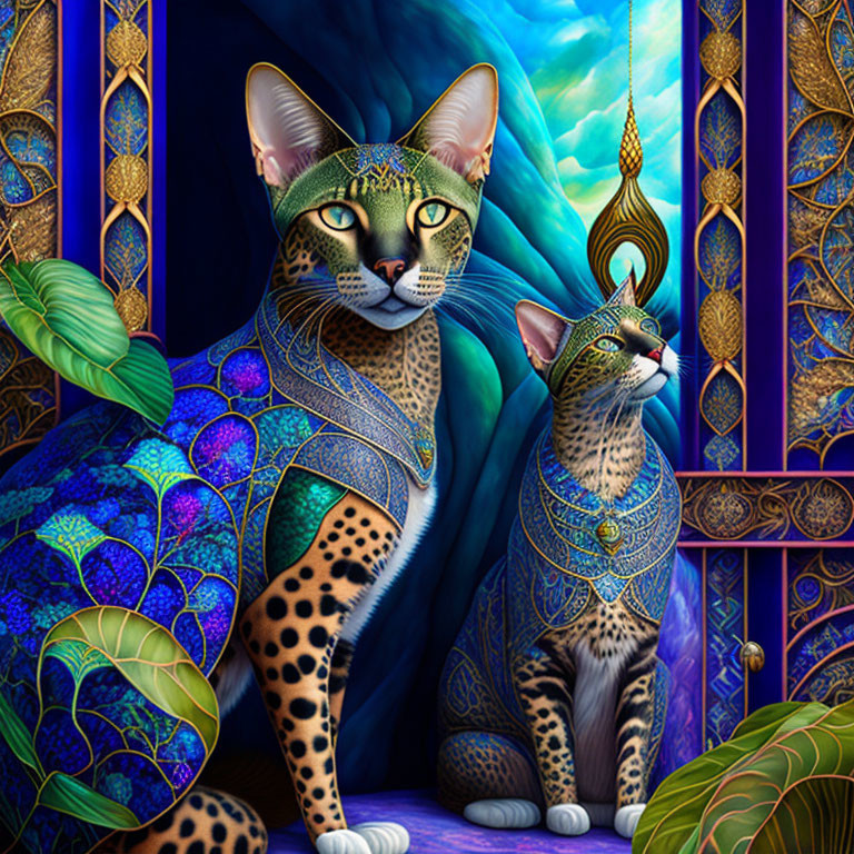 Regal cats in ornate attire before stained glass window