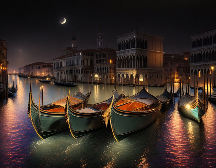 Venice Night Scene: Gondolas, Crescent Moon & Illuminated Buildings