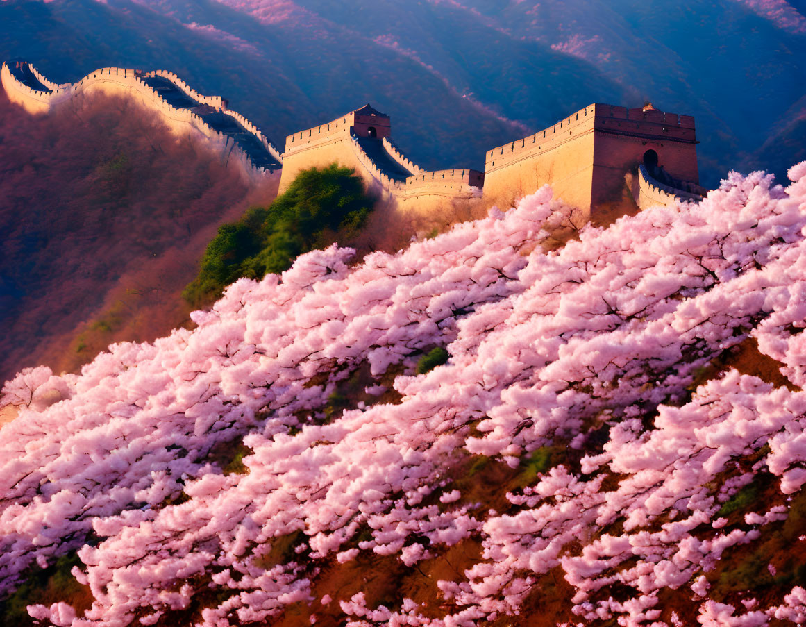 Magnificent Great Wall of China with pink cherry blossoms and mountains