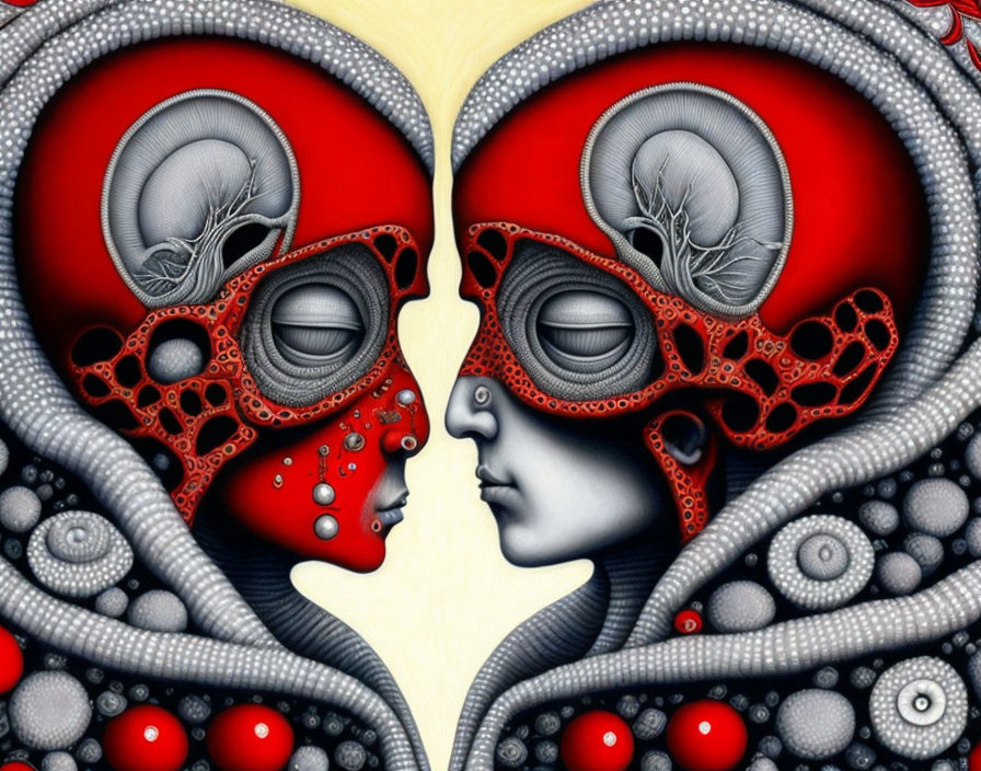 Symmetrical Stylized Faces Blend into Heart Shapes with Red and Grey Patterns