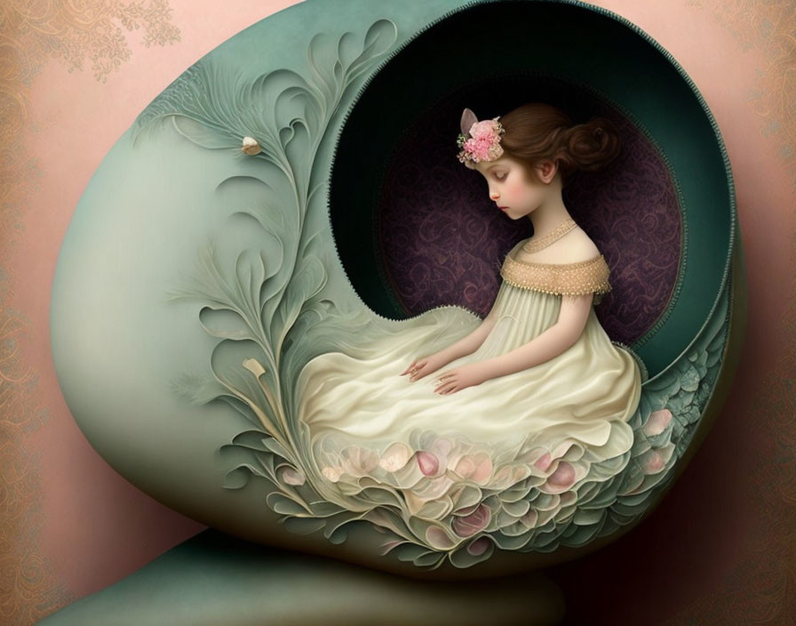 Surreal girl in oversized nautilus shell with floral details