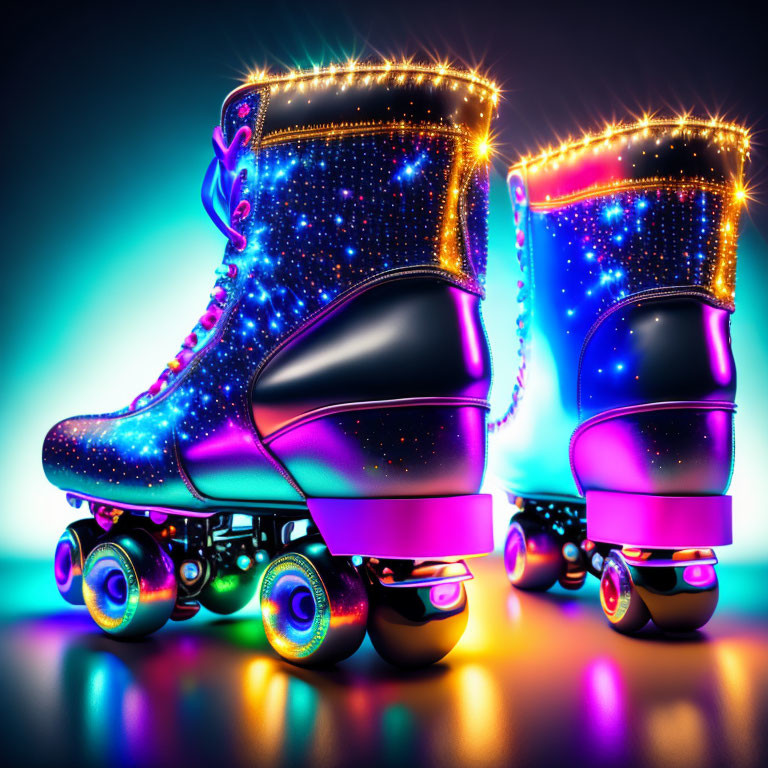 Colorful Illuminated Roller Skates with Cosmic Star Design on Neon Background