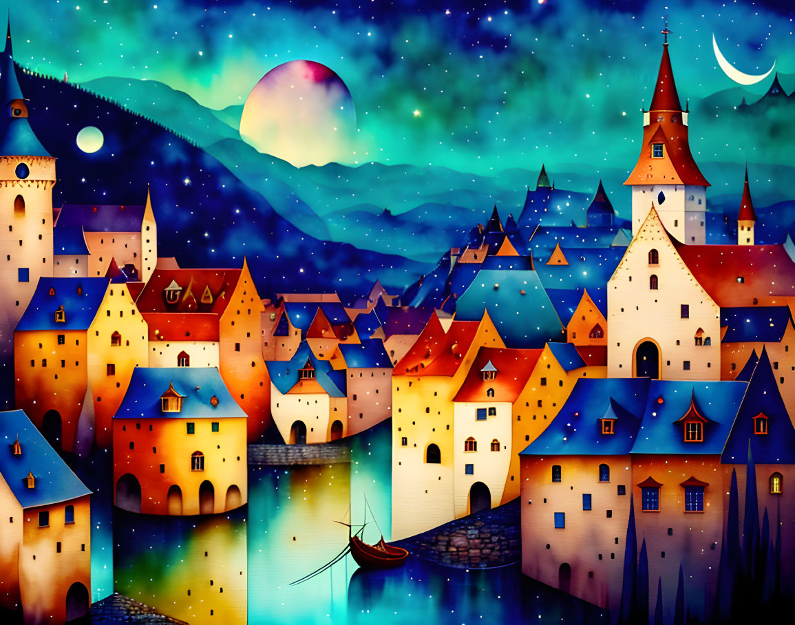 Colorful medieval town illustration with stars, crescent moon, and boat