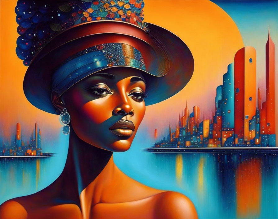 Vibrant painting of woman with elegant hat in cityscape at sunset