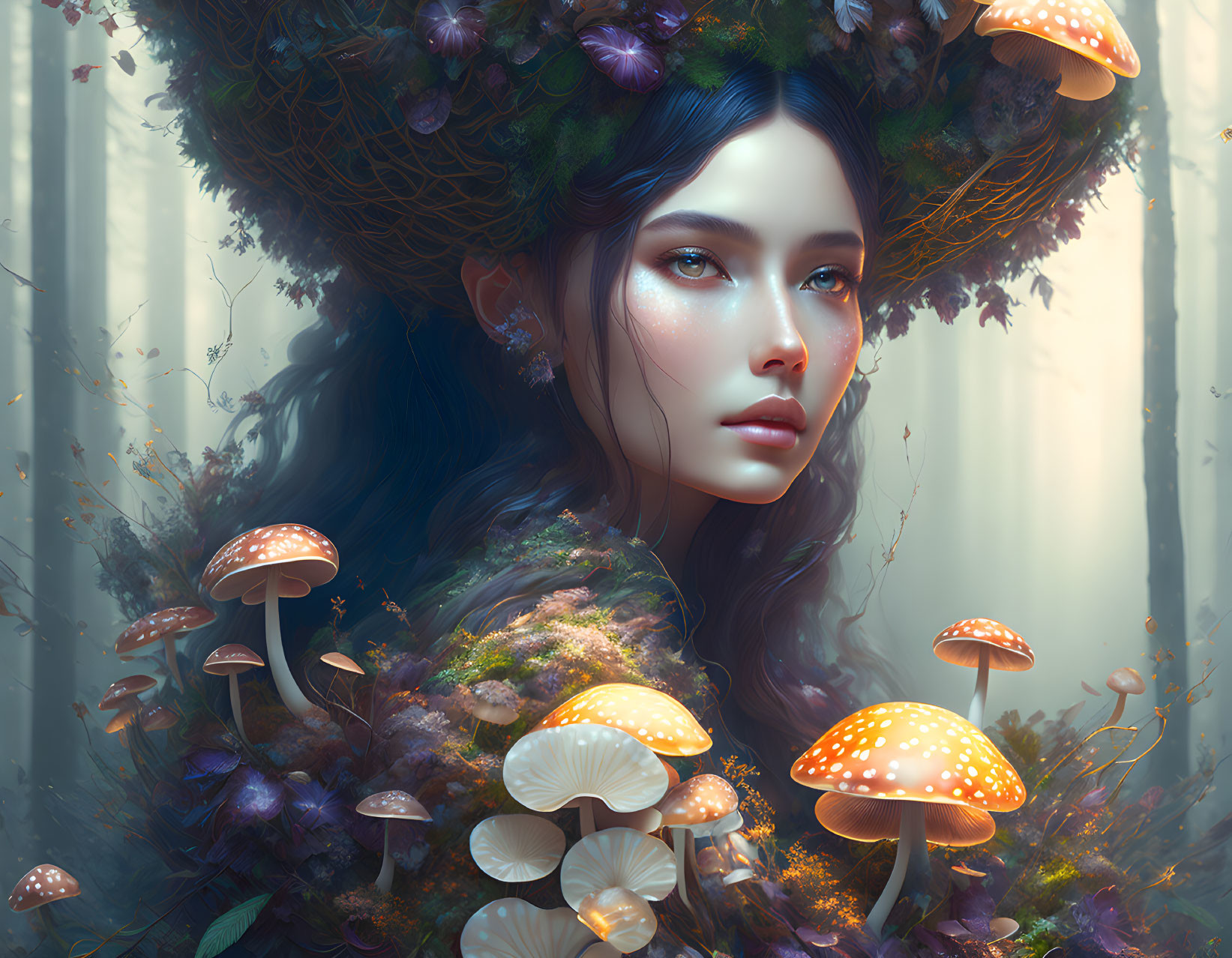 Fantastical portrait of woman with foliage wreath in dreamy forest.