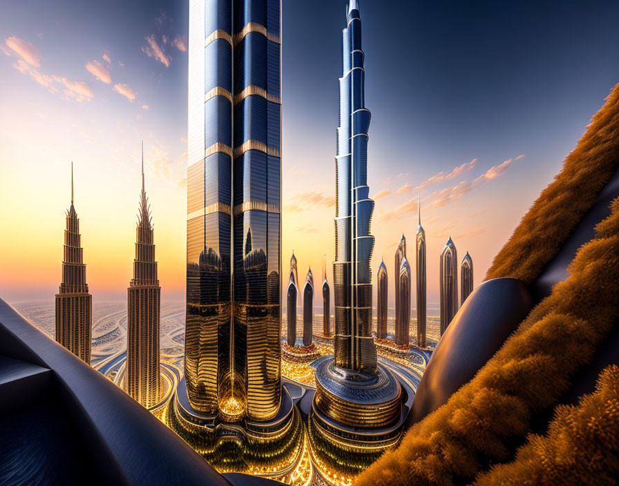 Surreal composite image of duplicated Burj Khalifas against golden sunset sky