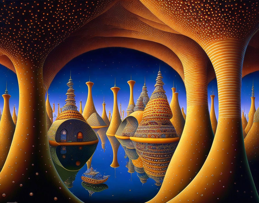 Ornate dome-topped buildings in fantasy landscape with starry sky and patterned cave ceiling