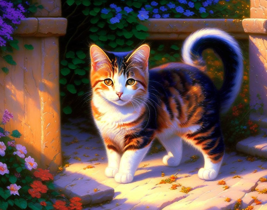 Colorful Cat with Striking Eyes on Sunny Path Beside Brick Wall