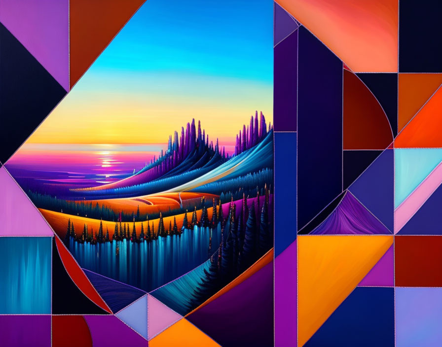 Colorful geometric abstraction over surreal landscape with sunset and river.